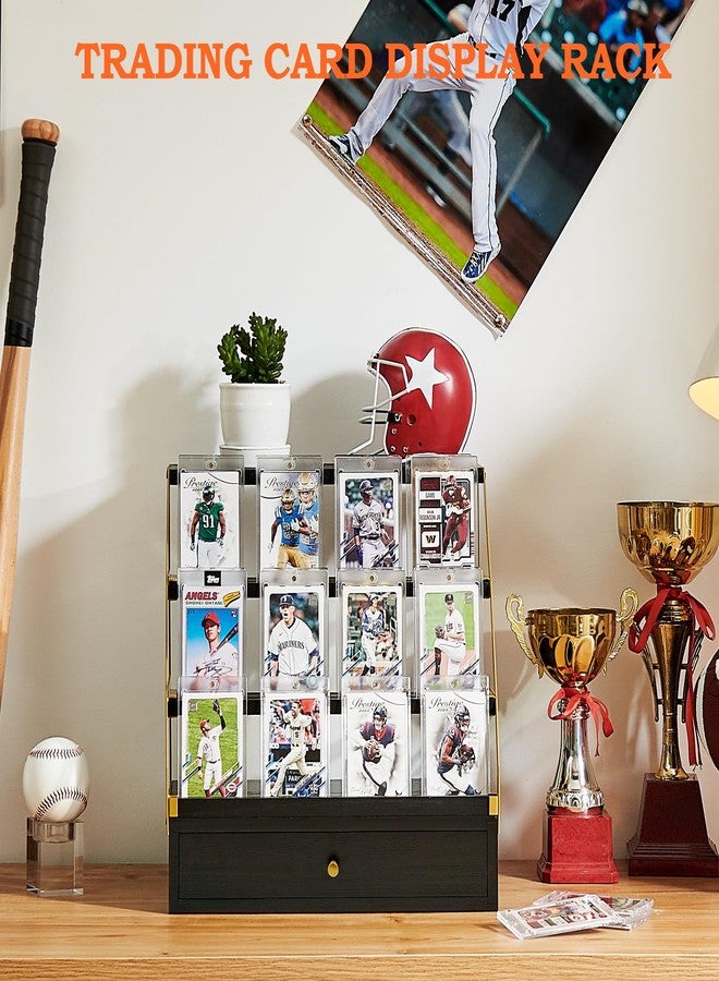 Poyilooo Trading Card Display, 3-Tier Baseball Card Storage with Drawer, Wood Graded Card Display, Sports Card Display Case for Card Game Collection-Trading Card Holder Christmas Gifts (Blackgold) - Image 2